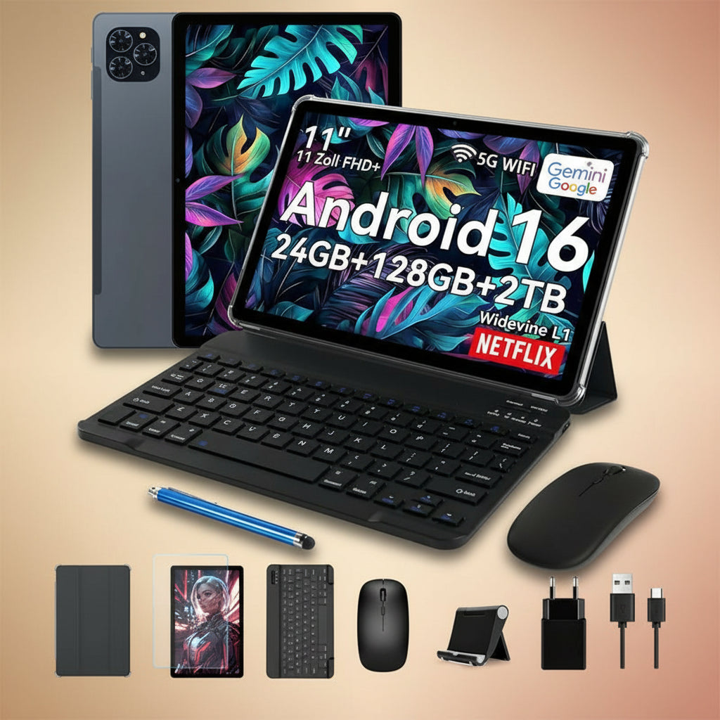 11'' Tablet Android 16, 24GB RAM 128GB ROM /2TB TF, 8000Mah, T7250 CPU+13MP Camera with Gemini AI, Widevine L1, 2 in 1 Tablets with Keyboard Mouse Stylus